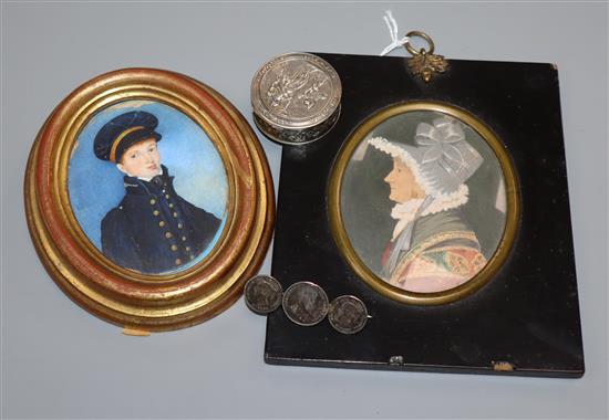 A French silver box, a brooch and two miniature portraits